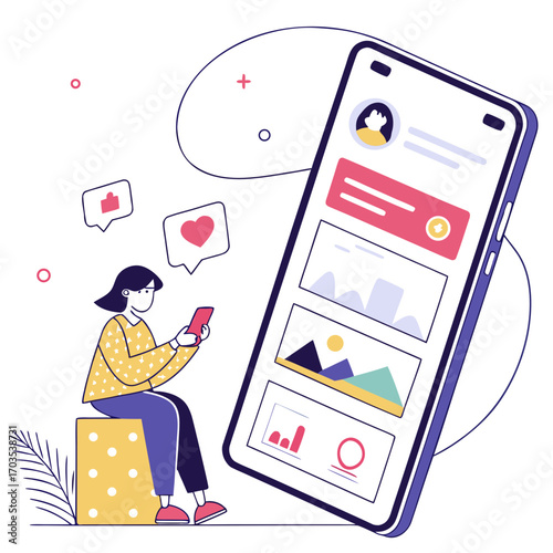 A young woman sits on a patterned stool engrossed in her smartphone while a large stylized mobile phone displays social media content with likes and hearts floating above