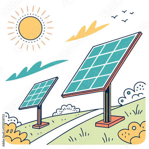 Illustration of solar panels in a grassy field under a bright sun with stylized clouds and birds flying in the sky symbolizing renewable energy and sustainability