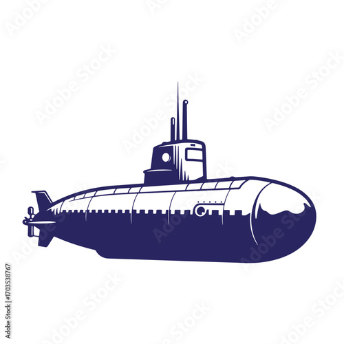 Illustration of a vintage submarine in blue silhouette against a clean white background