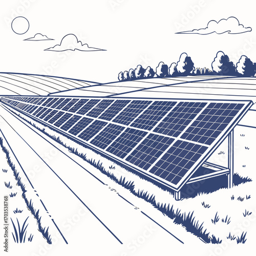 Expansive solar panel array set up in a rural landscape with rolling hills trees and a bright sun in the sky symbolizing renewable energy and sustainable power generation