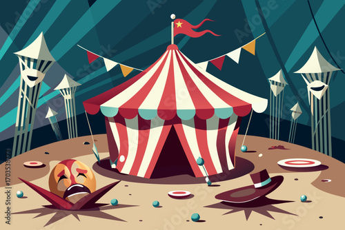 Sad clown mask and circus tent under dramatic lighting