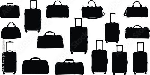 Silhouettes of various travel luggage bags, suitcases with wheels, duffel bags, carry-on bags, travel accessories, packing, vacation essentials