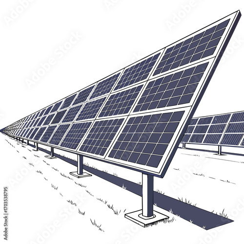 A long row of dark blue solar panels angled towards the sky on a bright white background with a field of grass and shadows