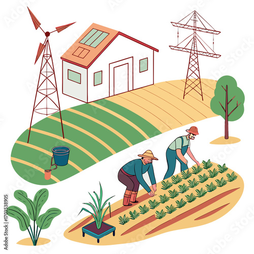 Farmers tending to crops in a field with a windmill solar panels on a house and a power line illustrating sustainable agriculture and renewable energy integration