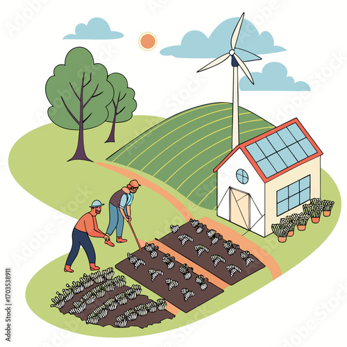 Two farmers tending to crops in a sustainable farm with a wind turbine and solar panels powering a modern farmhouse on a sunny day