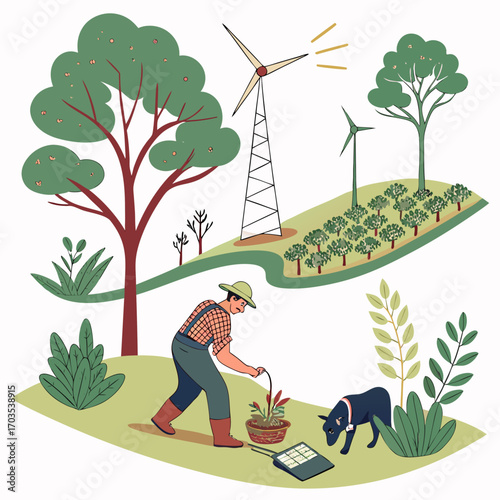 A farmer tending to plants with a dog nearby surrounded by trees and wind turbines on a sunny day representing sustainable agriculture and renewable energy