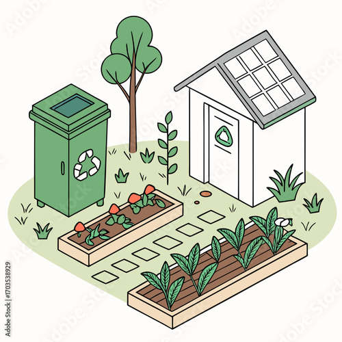 A charming isometric illustration depicting a sustainable backyard garden with raised beds a recycling bin a small shed featuring solar panels a mature tree and lush green grass