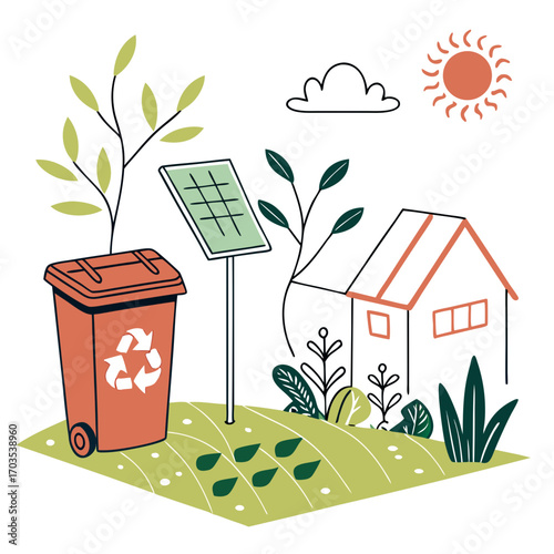 Sustainable living concept illustration featuring a house with solar panels a recycling bin and a garden under a sunny sky with a cloud representing eco friendly practices and renewable energy