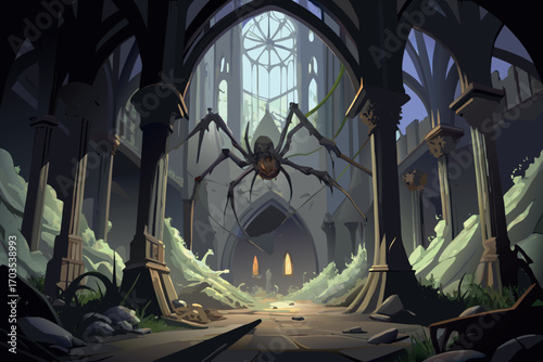 Giant spider lurking in ruined gothic cathedral