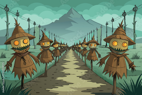 Creepy scarecrows marching down a dusty road towards a mountain