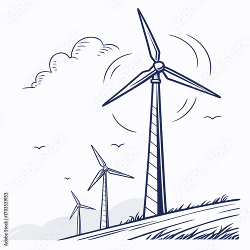 A hand drawn sketch of three wind turbines on a grassy hill under a cloudy sky with birds flying in the distance representing renewable energy generation