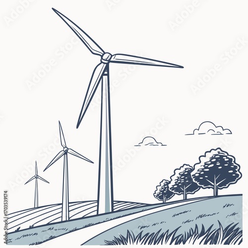 Stylized illustration of wind turbines generating clean renewable energy in a rural landscape with rolling hills trees and clouds under a bright sky representing eco friendly power generation