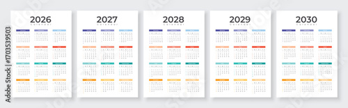 2026, 2027, 2028, 2029, 2030 year annual calendars. White background English language. Printable vector illustration set.