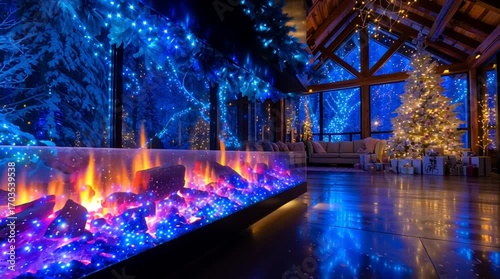 Scandinavian cabin with large round window, snowy forest view and warm fire inside. Cozy winter scene in deep blue and fiery colors.