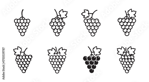 Collection of eight simple grape bunch silhouettes with leaf accents