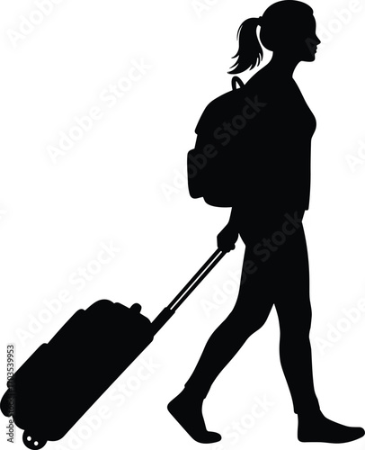 Silhouette of woman walking with backpack, pulling suitcase, travel concept, journey, adventure, tourism, vacation, luggage, trip, wanderlust, urban traveler