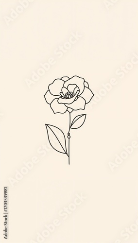 Minimalist camellia flower flat design simple line hand drawing on plain cream background