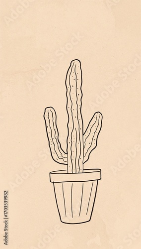 Minimalist cactus plant flat design simple line hand drawing on plain sand beige background