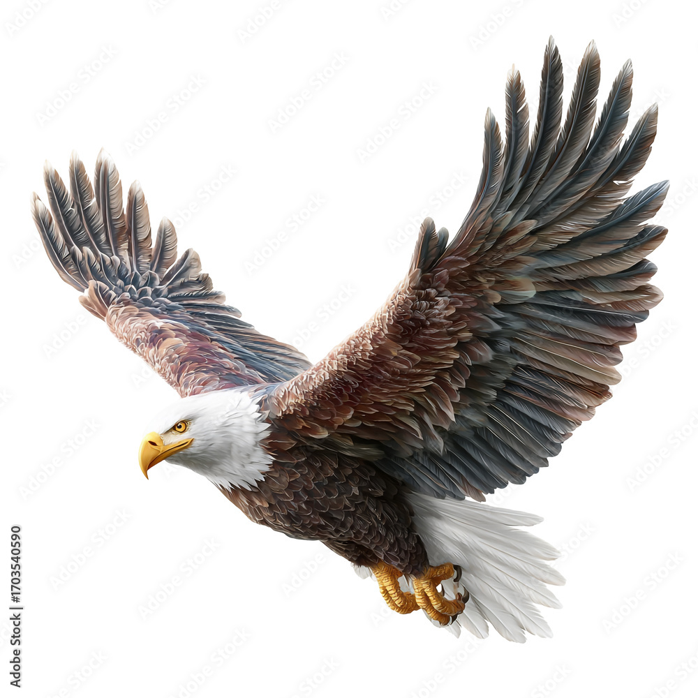 Fototapeta premium Bald eagle flying isolated on transparent background with wings spread in the sky
