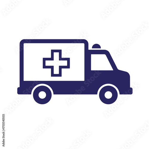 Modern flat design illustration of a dark blue ambulance with a white medical cross