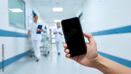 A hand holds a smartphone in a hospital hallway, with nurses and a gurney visible in the blurred background.