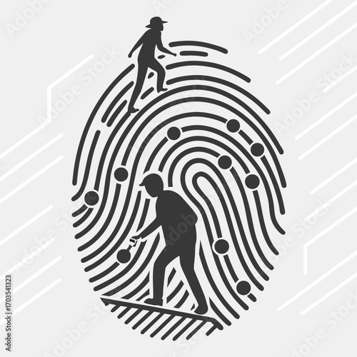 Silhouette figures navigating a fingerprint with lines and dots on a light background design art created with generated ai