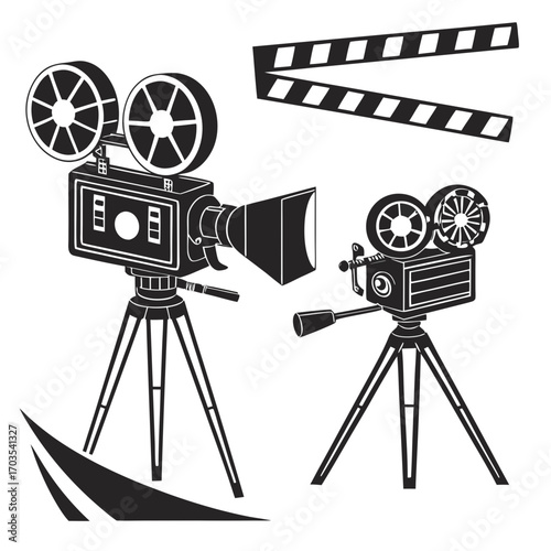 Two vintage movie cameras on tripods with a clapperboard in a black and white illustration style created with generated ai