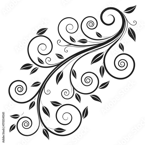 Black and white floral design with swirling vines and leaves in a corner arrangement on white background created with generated ai