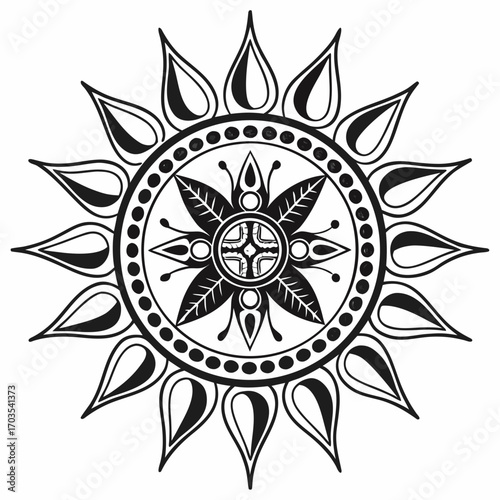 Black and white mandala with teardrop shapes and floral elements in a circular symmetrical design created with generated ai