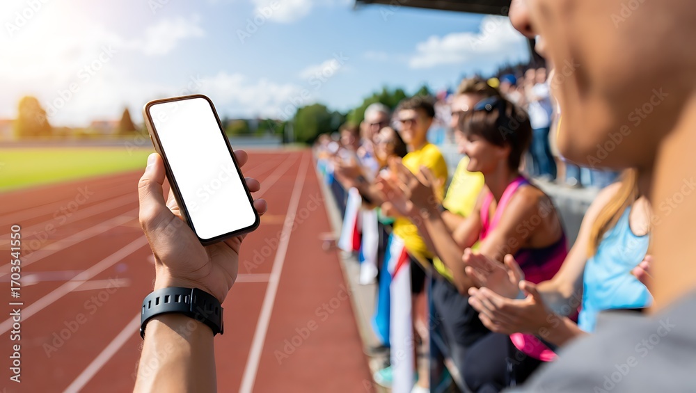 Obraz premium Man holding a smartphone with a blank screen while spectators clap at a sunny athletics stadium.