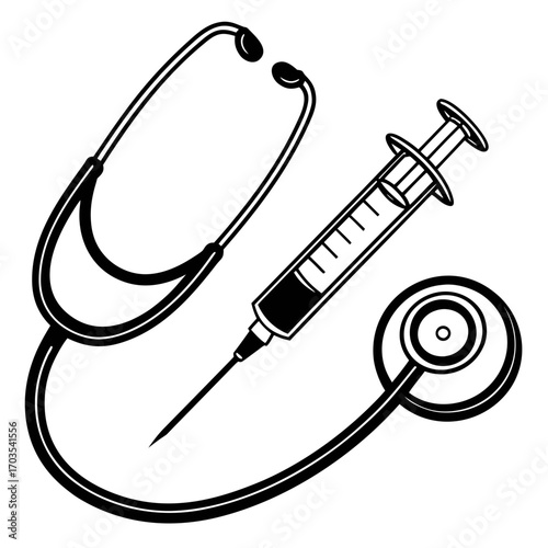 Illustration of a stethoscope and syringe in black and white medical equipment for healthcare design created with generated ai