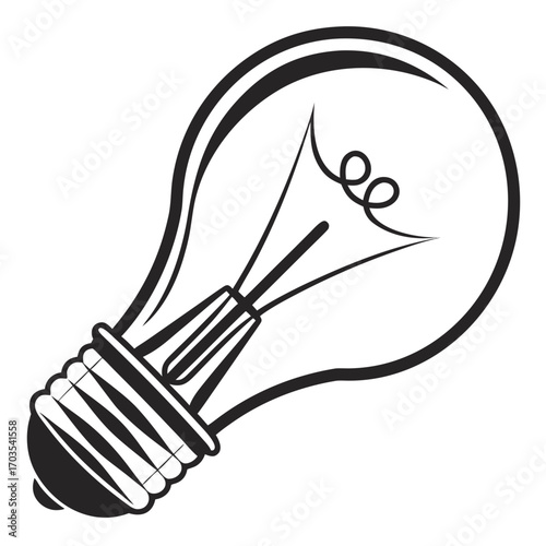 A black and white drawing of a light bulb with a visible filament and screw base design element present created with generated ai