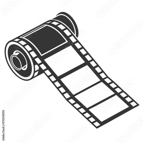 Illustration of a rolled film strip with visible frames and a cylindrical container on a white background created with generated ai