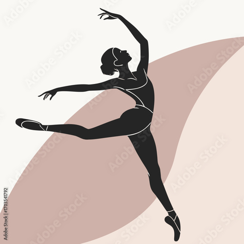 Silhouette of a ballerina in a graceful pose with one leg extended and arms raised against a blush backdrop created with generated ai