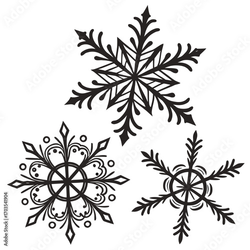 Three black and white snowflakes with different designs and patterns on a white background image art created with generated ai