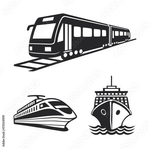 Illustration featuring a train on tracks, a bullet train, and a ship on water in black and white style created with generated ai
