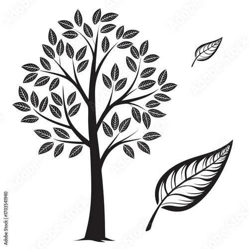 Illustration of a tree with many leaves on branches and two separate leaves in black and white style created with generated ai