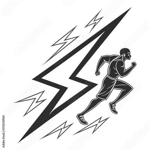 Silhouette of a runner sprinting forward with lightning bolts behind him in black and white drawing style created with generated ai
