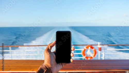 Hand holding a smartphone with a blank screen against the backdrop of a cruise ship's wake on a bright, sunny day.