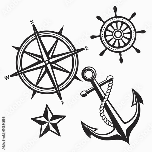 A nautical themed illustration featuring a compass rose, ship wheel, anchor and a five point star design created with generated ai