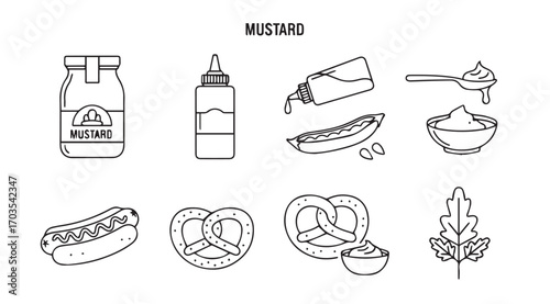 Collection of mustard related food items and condiments silhouette