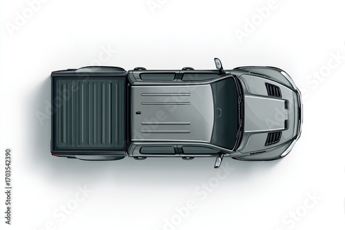 Overhead view of a gray crew-cab pickup truck with a tonneau cover, showcasing its design and features against a white background