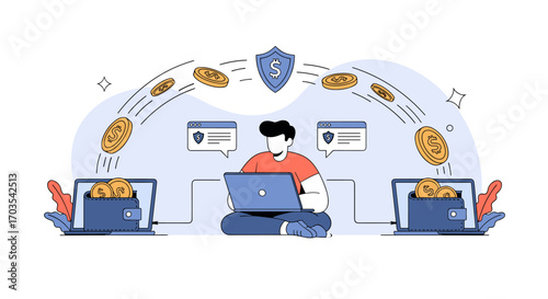 Digital currency transfer and secure online transactions concept.