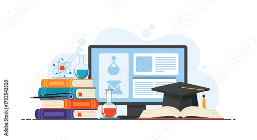 Online Education and Learning Resources Stacked Books Laptop and Graduation Cap.