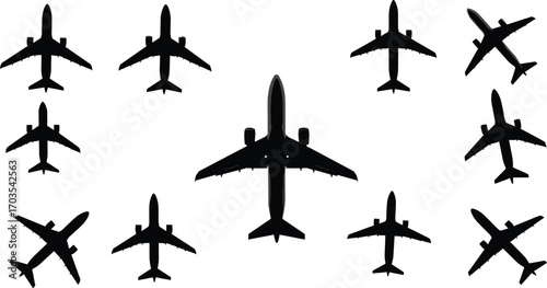 Silhouettes of airplanes, top view, flying aircraft collection, commercial jets, airplane shapes, aviation icons, air travel, aircraft designs, flight transportation, airplane set