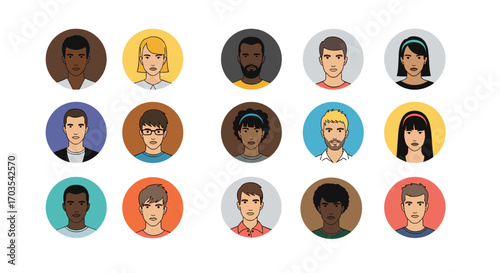 Collection of diverse people avatars in circular frames.