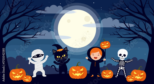 Cute Halloween Characters Under Full Moon Night Sky.