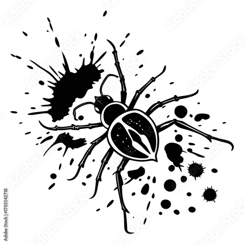 A black and white illustration of a stylized spider with ink splatter and detailed leg segments design created with generated ai