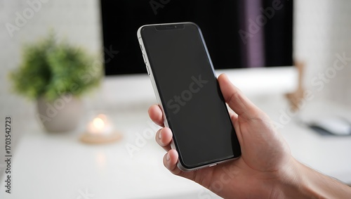 A hand holds a modern smartphone with a blank black screen, presented against a blurred background of a desk, monitor, and plant.