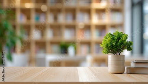 Wooden table, blurred library background